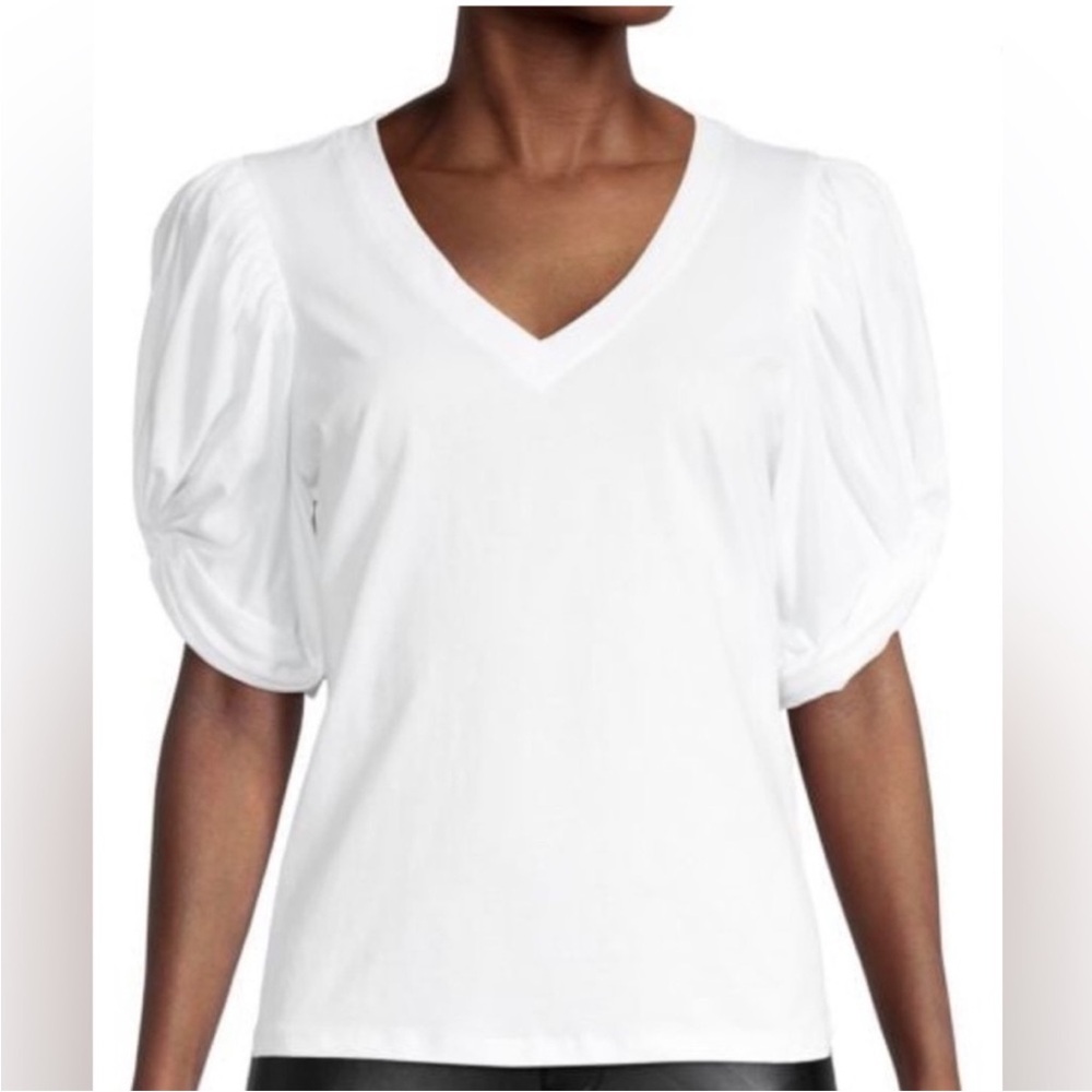 7 For All Mankind White V-Neck Puff Sleeve Tee - Picture 4 of 4